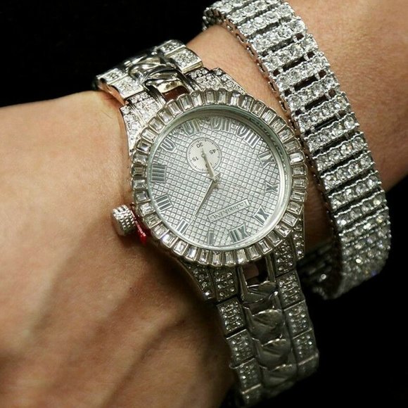 White Gold 45mm Watch + 4 Row Bracelet Set